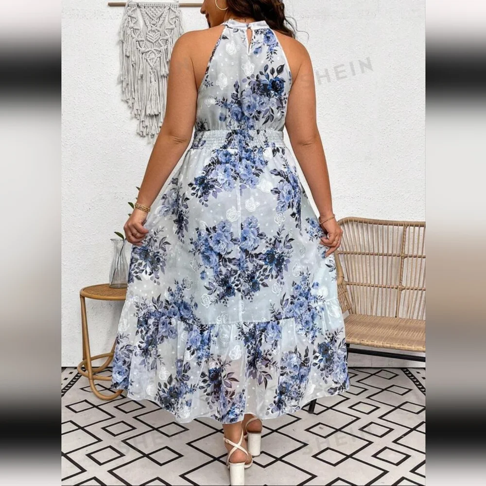 NWT Blue Floral Print Sleeveless Halterneck Dress | Size 2XL - Picture 2 of 7